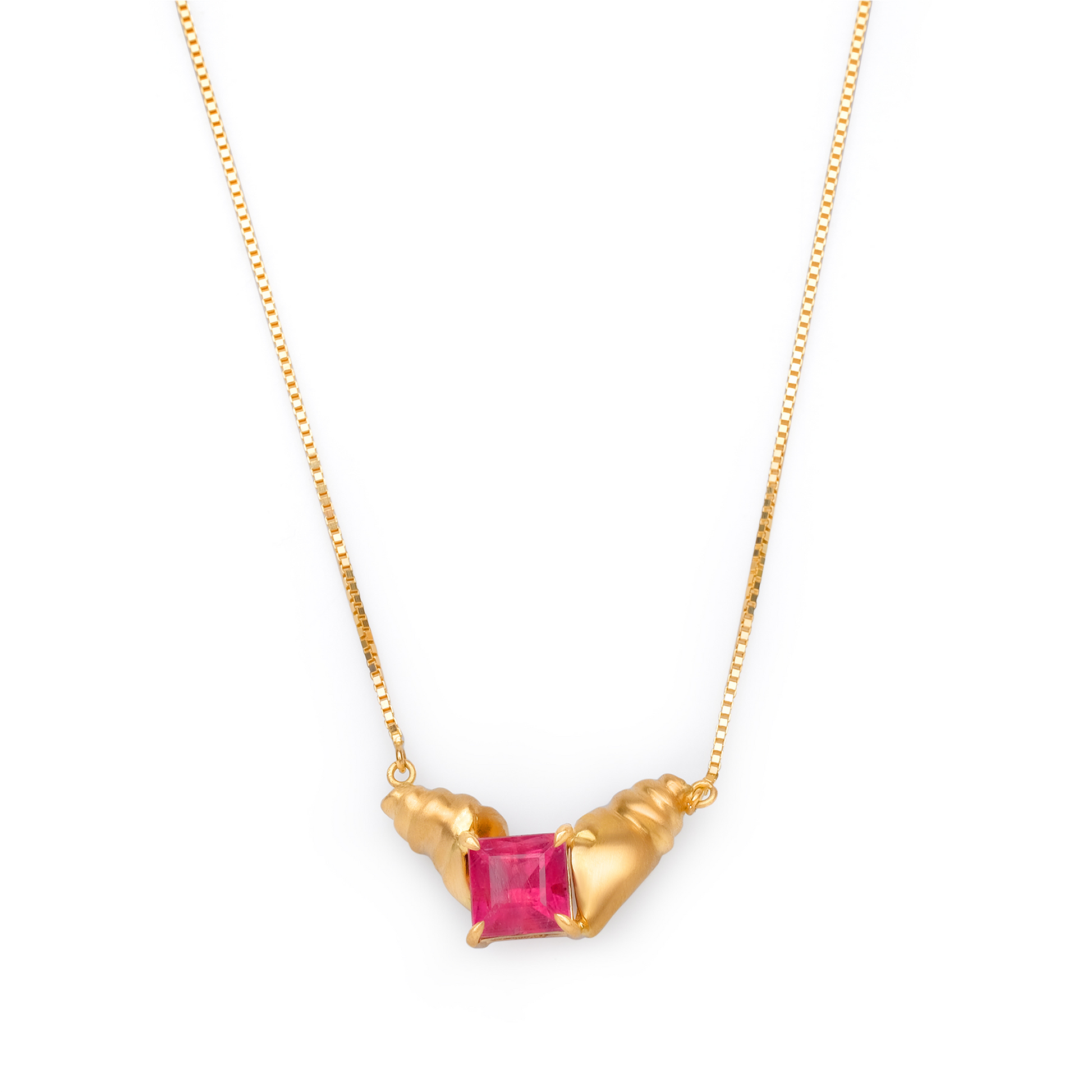 Colar Red Beach em ouro 18k com turmalina rosa e conchas | Fabi Jorge